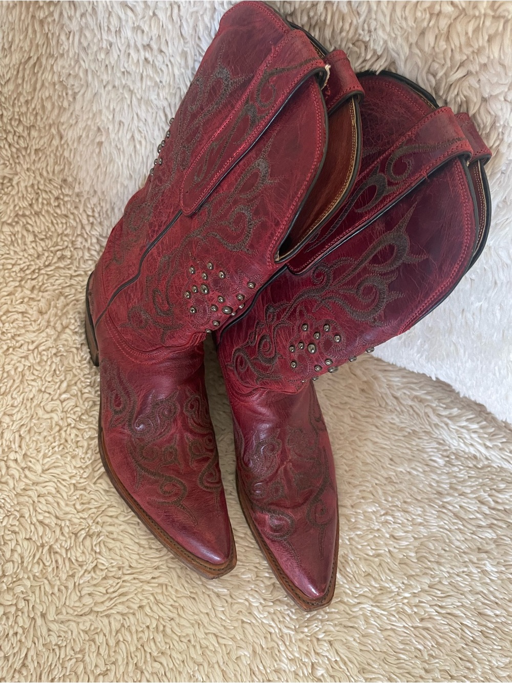 Lucchese Connie Women's Red Leather Studded Western Boot - Picture 3 of 12